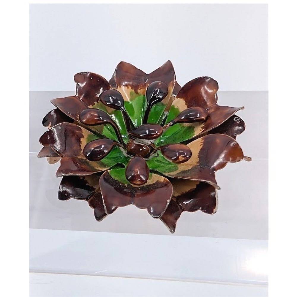 Vintage Metal Flower Brooch 3D Enamel Brown Green Layered‎ Petal Mod 60s